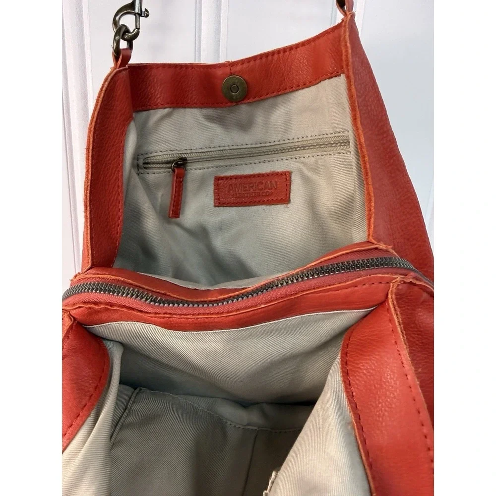 American Leather Co. Austin Triple Entry Bucket Purse Red Hobo Bag